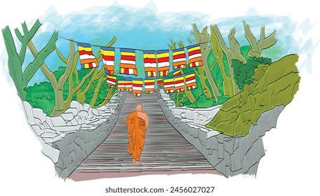 Vesak Day background. Vesak Creative Concept for Card or Banner. Vesak Day is a holy day for Buddhists. Happy Buddha Day. Siddhartha Gautama. Vector Illustration design. Mihinthale