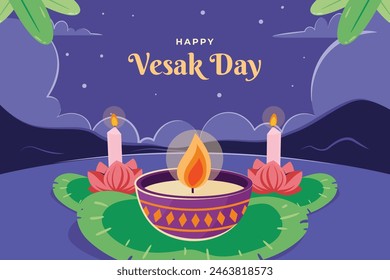 Vesak Day background. Happy Vesak day Celebration. Holy Day For Buddhists. Happy Buddha Day. Siddhartha Gautama. Vector Illustration design for poster, Banner, Greeting, Card. May 23. May 23rd.