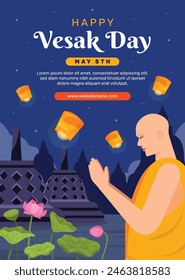 Vesak Day background. Happy Vesak day Celebration. Holy Day For Buddhists. Happy Buddha Day. Siddhartha Gautama. Vector Illustration design for poster, Banner, Greeting, Card. May 23. May 23rd.