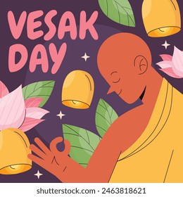 Vesak Day background. Happy Vesak day Celebration. Holy Day For Buddhists. Happy Buddha Day. Siddhartha Gautama. Vector Illustration design for poster, Banner, Greeting, Card. May 23. May 23rd.
