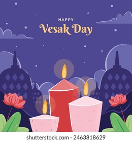 Vesak Day background. Happy Vesak day Celebration. Holy Day For Buddhists. Happy Buddha Day. Siddhartha Gautama. Vector Illustration design for poster, Banner, Greeting, Card. May 23. May 23rd.