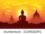 Vesak Day background vector illustration with temple and shinny Lord Buddha silhouette. Celebration Vesak Day Design. 
