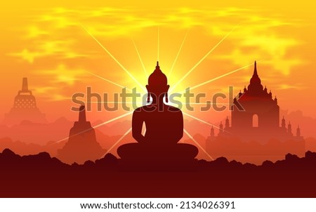 Vesak Day background vector illustration with temple and shinny Lord Buddha silhouette. Celebration Vesak Day Design. 
