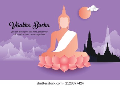 Vesak day banner of big buddha statue purple color vector background - Temple religion Thailand culture