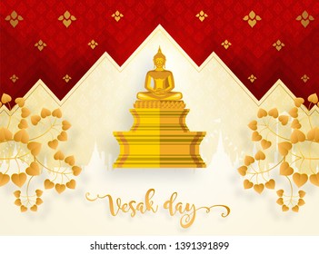 Vesak day banner card with Buddha candle,flower and oriental asian elements with gold paper cut style on red color Background for greetings . 