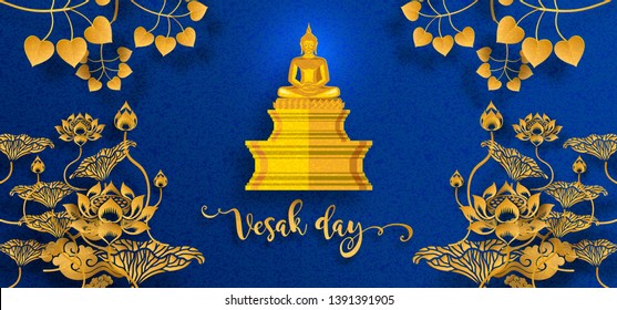 Vesak day banner card with Buddha candle,flower and oriental asian elements with gold paper cut style on red color Background for greetings . 