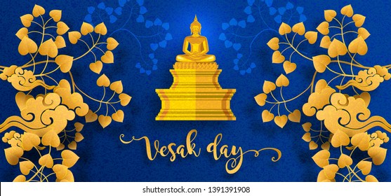 Vesak day banner card with Buddha candle,flower and oriental asian elements with gold paper cut style on red color Background for greetings . 