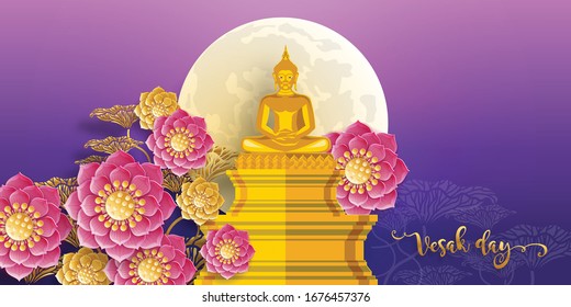 Vesak day banner card with Buddha candle,flower and oriental asian elements with gold paper cut style on red color Background for greetings .