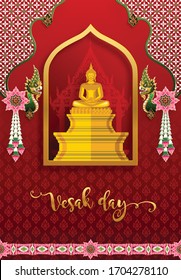 Vesak day banner card with Buddha candle,flower and oriental asian elements with gold paper cut style on red color Background for greetings .