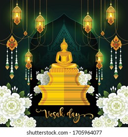 Vesak day banner card with Buddha candle,flower and oriental asian elements with gold paper cut style on red color Background for greetings .