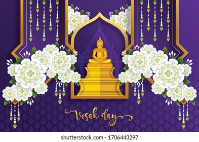 Vesak day banner card with Buddha candle,flower and oriental asian elements with gold paper cut style on red color Background for greetings .