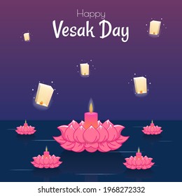 Vesak day banner with Cute Buddha and Lotus petals and lampion on gradient backround vector design.
Vesak Day traditional Culture event Illustration vector design