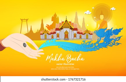 Vesak day banner of frame Big Buddha statue and hand of frame vector background - Temple religion Thailand culture Thai pattern water