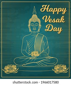 Vesak Day Banner with Gautama Buddha and lotus flower Poster Vector