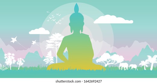 vesak day banner with Silhouette Big Buddha statue on mountain view in evening time vector design