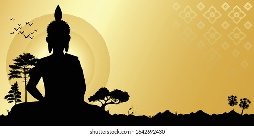 vesak day banner with Silhouette Big Buddha statue on mountain view in evening time vector design