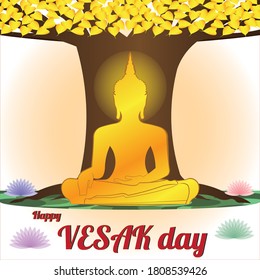 Vesak day with buddha and bodhi tree drawing in vector