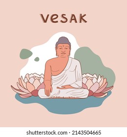 Vesak day Buddha illustration hand drawn vector template. Poster with lotus and buddhist symbol.