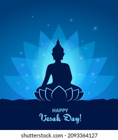 Vesak day and Buddha in lotus silhouette, Happy Wesak Buddhism holiday, vector greeting card. Buddhist monk in lotus posture in meditation under stars of sky, Hindu festival celebration background