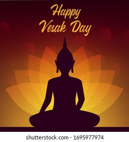 Vesak Day Buddha with lotus vector design of Buddhism religion holiday. Buddhist monk statue of Buddha with lotus flower glowing petals and sparkles, religious greeting card or poster