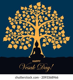 Vesak day and Buddha monk under tree, Happy Wesak Buddhism holiday, vector greeting card. Buddhist in lotus posture in meditation under holy tree silhouette, Hindu festival celebration background
