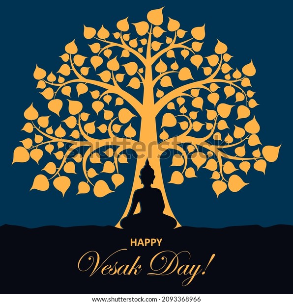 Vesak day and Buddha monk under tree, Happy\
Wesak Buddhism holiday, vector greeting card. Buddhist in lotus\
posture in meditation under holy tree silhouette, Hindu festival\
celebration background