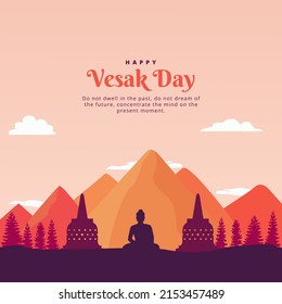 Vesak Day with Buddha Silhouette, temples, trees, mountains vector illustration. Selamat hari Waisak Background Template