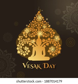 Vesak day with buddha sitting under Golden bodhi tree and Thai art pattern decoration background