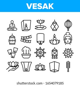 Vesak Day Buddhism Collection Icons Set Vector. Buddha Statue And Figure, Lotus Flower And Lantern, Candle And Flags Vesak Symbols Concept Linear Pictograms. Monochrome Contour Illustrations