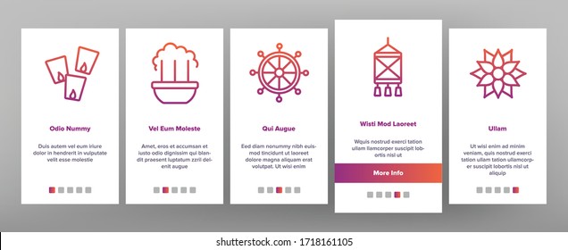 Vesak Day Buddhism Onboarding Icons Set Vector. Buddha Statue And Figure, Lotus Flower And Lantern, Candle And Flags Vesak Illustrations