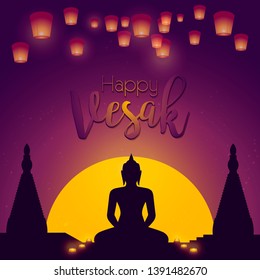 Vesak day card. Vector illustration with lamps and buddhas silhouette.