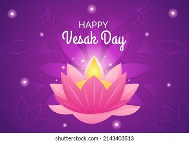 Vesak Day Celebration with Temple Silhouette, Lantern or Lotus Flower Decoration  in Flat Cartoon Background Illustration for Greeting Card or Poster