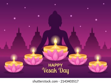 Vesak Day Celebration with Temple Silhouette, Lotus Flower Decoration, Lantern or Buddha Person in Flat Cartoon Background Illustration for Greeting Card