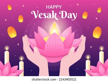 Vesak Day Celebration with Temple Silhouette, Lantern or Lotus Flower Decoration  in Flat Cartoon Background Illustration for Greeting Card or Poster