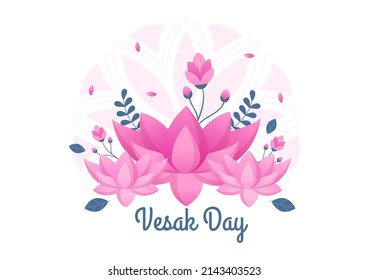 Vesak Day Celebration with Temple Silhouette, Lantern or Lotus Flower Decoration  in Flat Cartoon Background Illustration for Greeting Card or Poster