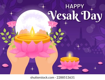 Vesak Day Celebration Vector Illustration with Temple Silhouette, Lotus Flower, Lantern or Buddha Person in Flat Cartoon Hand Drawn Templates