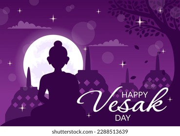 Vesak Day Celebration Vector Illustration with Temple Silhouette, Lotus Flower, Lantern or Buddha Person in Flat Cartoon Hand Drawn Templates