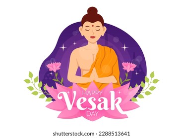 Vesak Day Celebration Vector Illustration with Temple Silhouette, Lotus Flower, Lantern or Buddha Person in Flat Cartoon Hand Drawn Templates