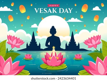 Vesak Day Celebration Vector Illustration with Temple Silhouette, Lotus Flower, Lantern or Buddha Person in Holiday Flat Cartoon Background