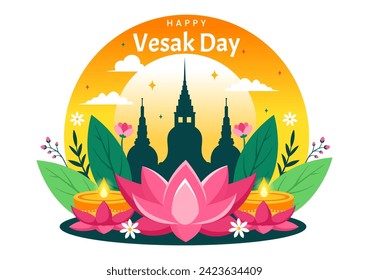 Vesak Day-Feier Vektorgrafik mit Tempel Silhouette, Lotus-Blume, Laterne oder Buddha Person auf Feiertagsfahnen-Hintergrund