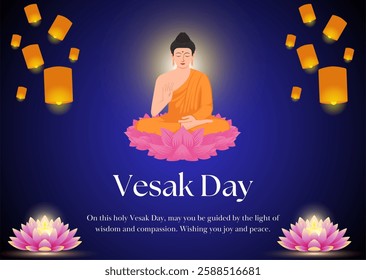 Vesak day concept wishes greeting card with Buddha, lotus and lantern illustration. Background vector. Happy Vesak day celebration design poster, flyer, banner.