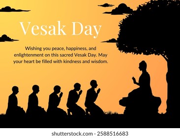 Vesak day concept wishes greeting card with Buddha silhouette illustration. Background vector. Happy Vesak day celebration design poster, flyer, banner.