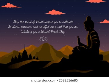 Vesak day concept wishes greeting card with Buddha silhouette illustration. Background vector. Happy Vesak day celebration design poster, flyer, banner.