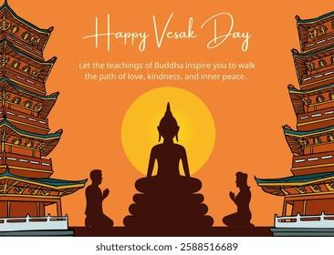 Vesak day concept wishes greeting card with Buddha silhouette illustration. Background vector. Happy Vesak day celebration design poster, flyer, banner.