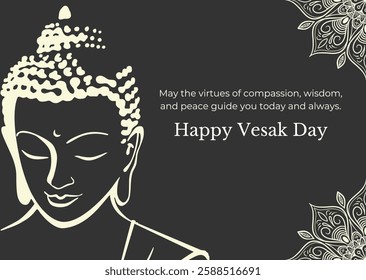 Vesak day concept wishes greeting card with Buddha hand draw and mandala illustration. Background vector. Happy Vesak day celebration design poster, flyer, banner.