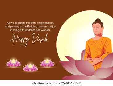 Vesak day concept wishes greeting card with Buddha and lotus illustration. Background vector. Happy Vesak day celebration design poster, flyer, banner.