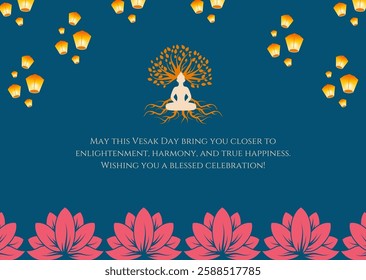 Vesak day concept wishes greeting card with Buddha silhouette illustration. Background vector. Happy Vesak day celebration design poster, flyer, banner.