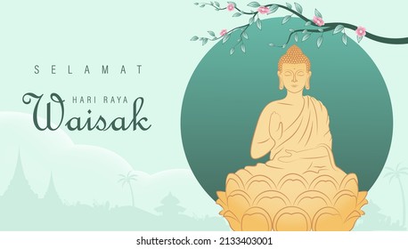 Vesak Day Creative Concept für Card oder Banner. Vesak Day ist ein heiliger Tag für Buddhisten. Fröhlicher Buddha-Tag mit Siddhartha Gautama Statue Design-Vektorgrafik