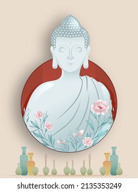 Vesak Day Creative Concept für Card oder Banner. Vesak Day ist ein heiliger Tag für Buddhisten. Fröhlicher Buddha-Tag mit Siddhartha Gautama Statue Design-Vektorgrafik