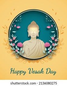 Vesak Day Creative Concept für Card oder Banner. Vesak Day ist ein heiliger Tag für Buddhisten. Fröhlicher Buddha-Tag mit Siddhartha Gautama Statue Design-Vektorgrafik